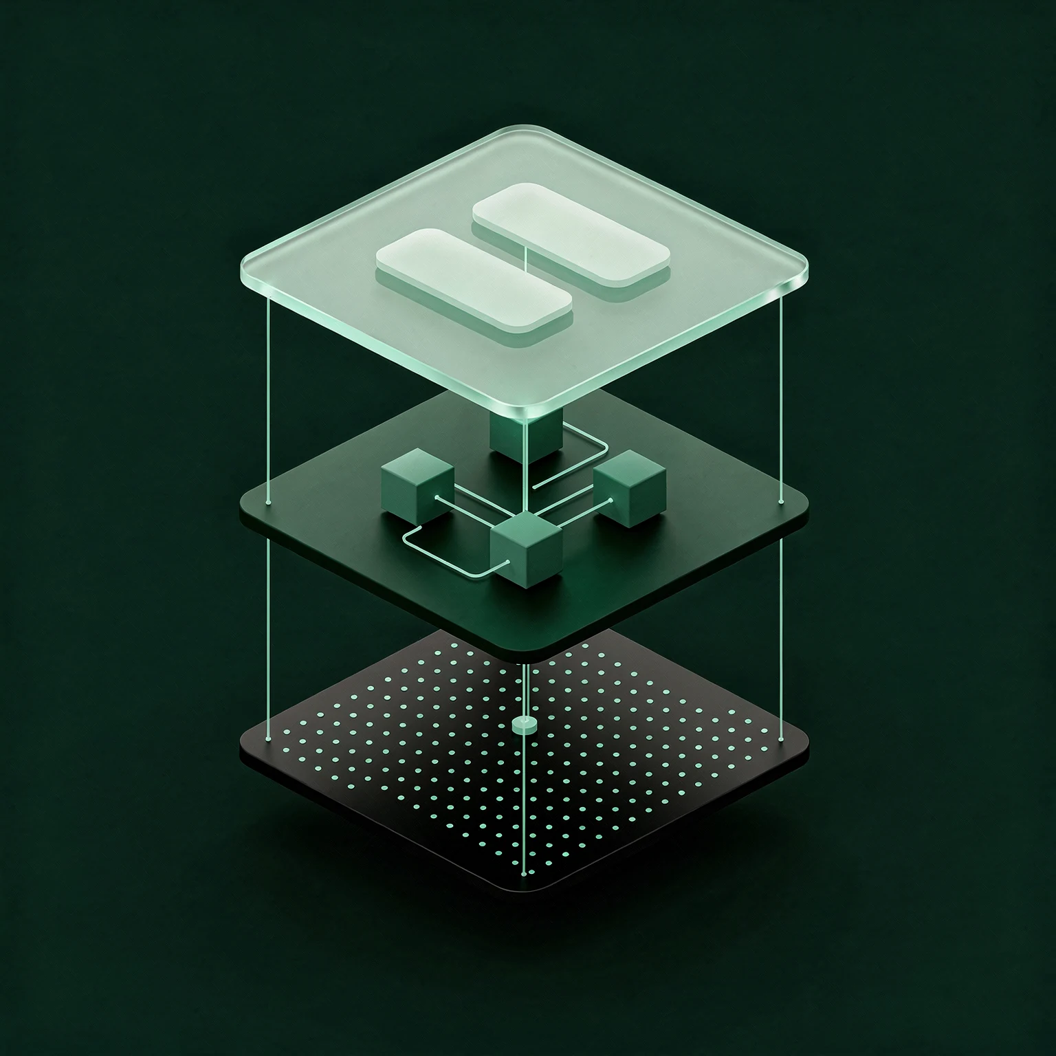 Illustrative software platform: an application layer above connected services and a data foundation, rendered in jade glass and forest green.