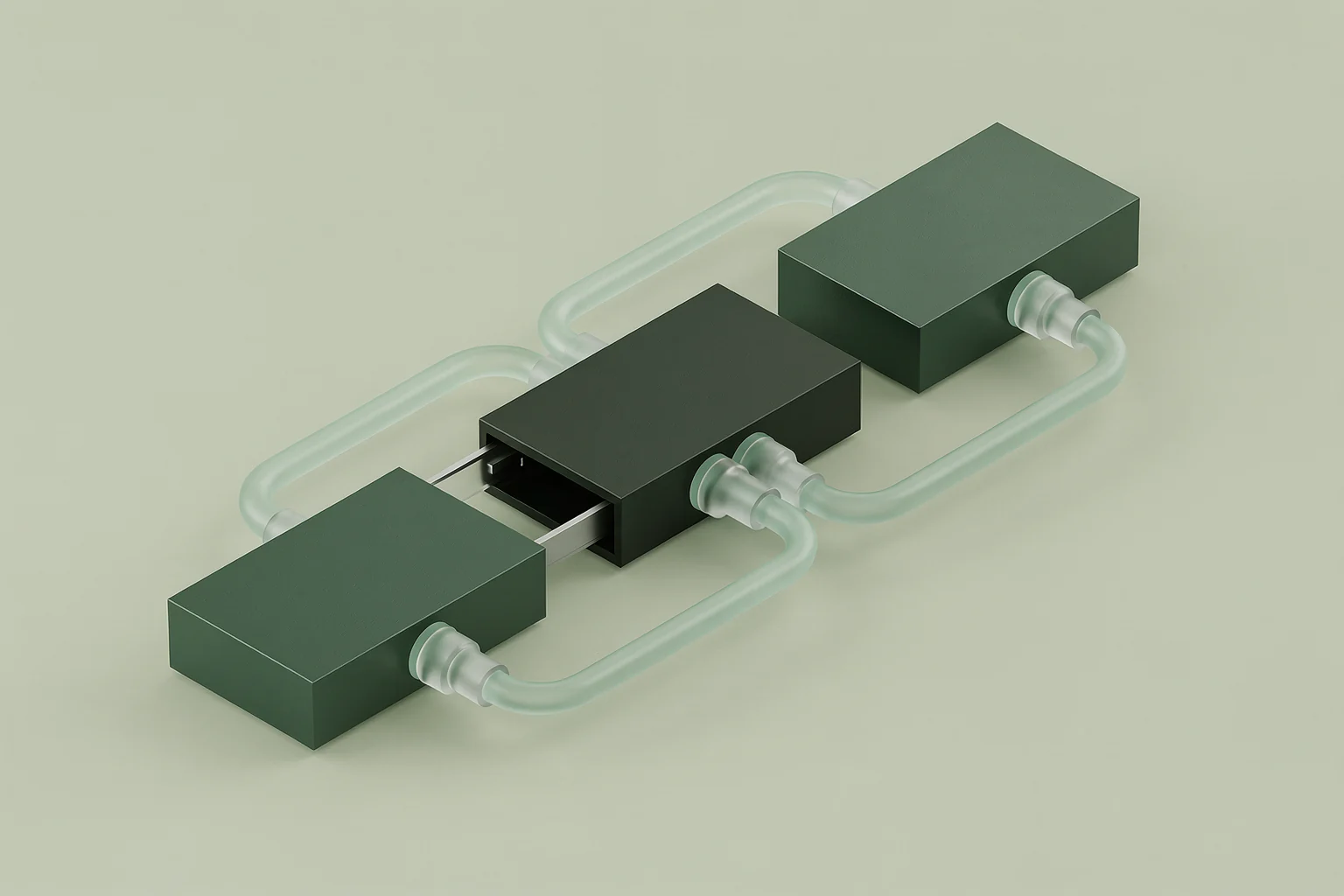 Illustrative connected modules showing how one component can evolve while the surrounding connections remain in place.