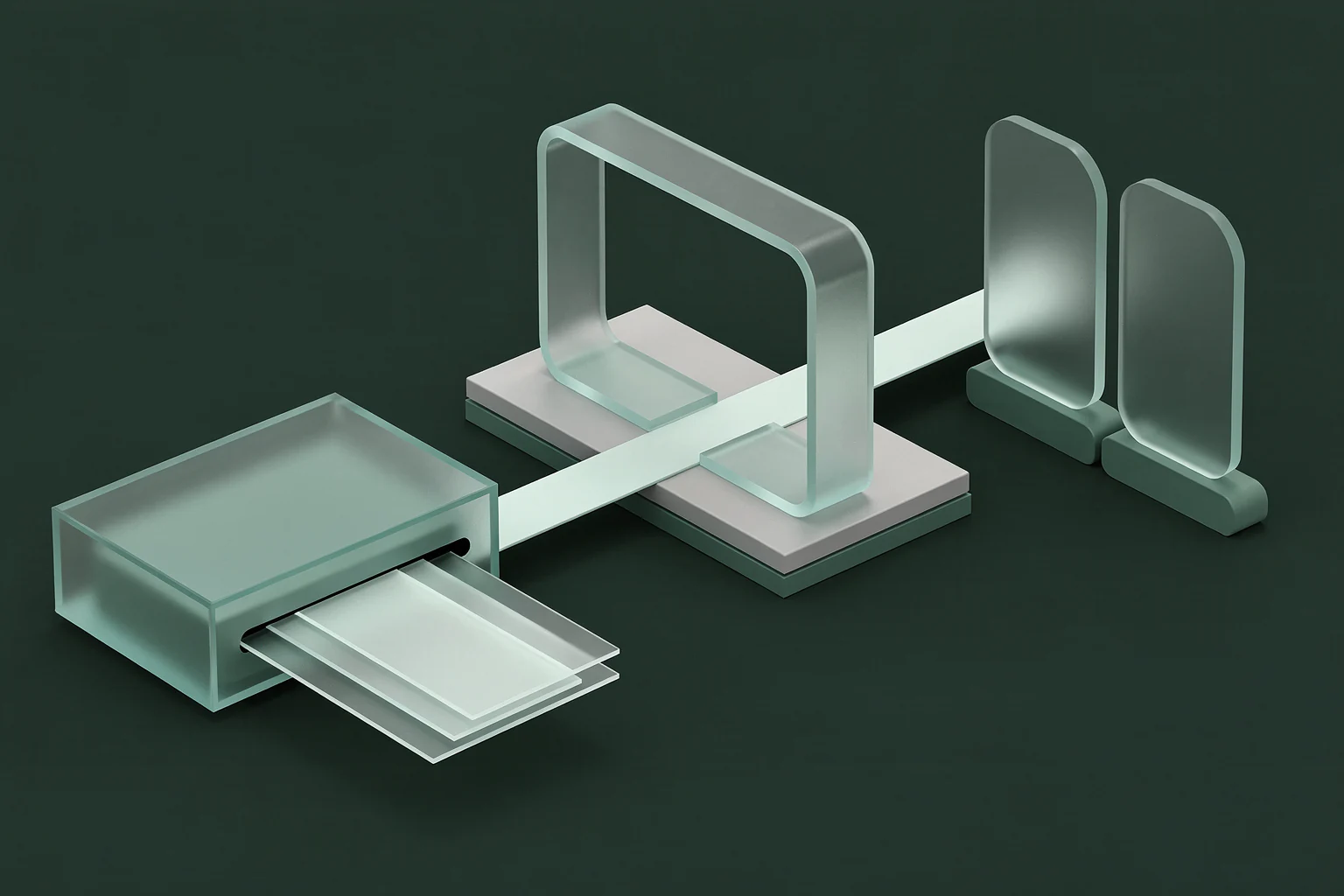 Conceptual onboarding system: jade stations connected along a single path, with a separate review checkpoint.